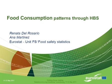 11-13 May 2011 Working Group meeting “Statistics on Living Conditions” Luxembourg, 11-13 May 2011 Food Consumption patterns through HBS Renata Del Rosario.