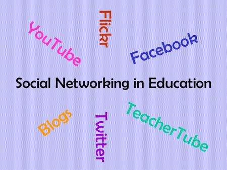 Social Networking in Education YouTube Flickr Blogs Facebook Twitter TeacherTube.