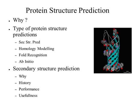 Protein Structure Prediction ● Why ? ● Type of protein structure predictions – Sec Str. Pred – Homology Modelling – Fold Recognition – Ab Initio ● Secondary.