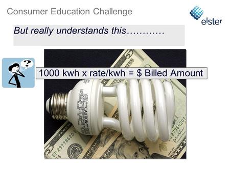 Consumer Education Challenge 1000 kwh x rate/kwh = $ Billed Amount When asked about energy usage, the customer receives this…… But really understands this…………