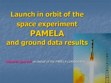 Launch in orbit of the space experiment PAMELA and ground data results Roberta Sparvoli on behalf of the PAMELA Collaboration.