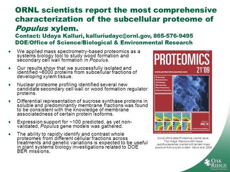 ORNL scientists report the most comprehensive characterization of the subcellular proteome of Populus xylem. Contact: Udaya Kalluri,