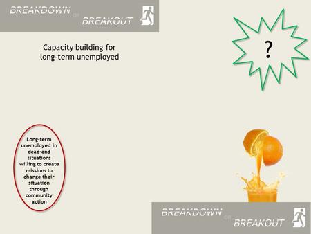 Capacity building for long-term unemployed Long-term unemployed in dead-end situations willing to create missions to change their situation through community.