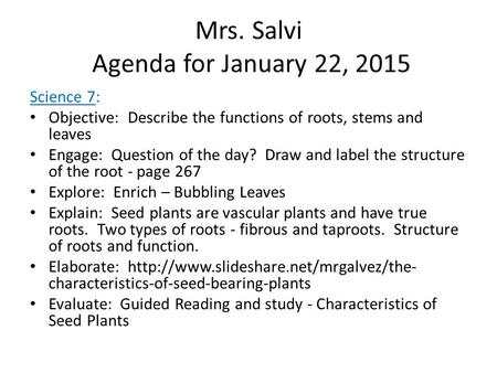 Mrs. Salvi Agenda for January 22, 2015 Science 7: Objective: Describe the functions of roots, stems and leaves Engage: Question of the day? Draw and label.