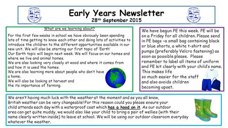 Early Years Newsletter 28 th September 2015 What are we learning about? For the first few weeks in school we have obviously been spending lots of time.