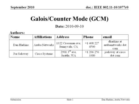 Doc.: IEEE 802.11-10/1077r0 Submission September 2010 Dan Harkins, Aruba NetworksSlide 1 Galois/Counter Mode (GCM) Date: 2010-09-10 Authors: