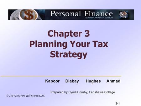  2004 McGraw-Hill Ryerson Ltd. Kapoor Dlabay Hughes Ahmad Prepared by Cyndi Hornby, Fanshawe College Chapter 3 Planning Your Tax Strategy 3-1.