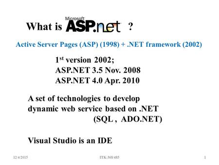 What is ? 1 st version 2002; ASP.NET 3.5 Nov. 2008 ASP.NET 4.0 Apr. 2010 A set of technologies to develop dynamic web service based on.NET (SQL, ADO.NET)