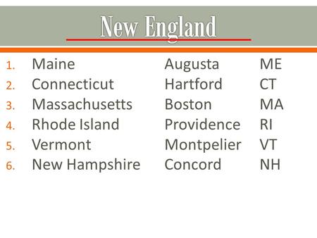 1. MaineAugustaME 2. ConnecticutHartfordCT 3. MassachusettsBostonMA 4. Rhode IslandProvidenceRI 5. VermontMontpelierVT 6. New HampshireConcordNH.