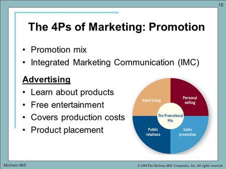 © 2009 The McGraw-Hill Companies, Inc. All rights reserved. 10 McGraw-Hill The 4Ps of Marketing: Promotion Promotion mix Integrated Marketing Communication.