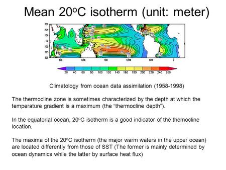 Mean 20 o C isotherm (unit: meter) The thermocline zone is sometimes characterized by the depth at which the temperature gradient is a maximum (the “thermocline.