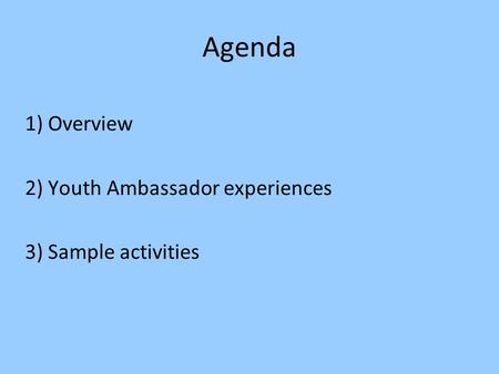 Agenda 1) Overview 2) Youth Ambassador experiences 3) Sample activities.