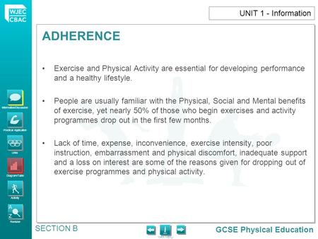 GCSE Physical Education Information/Discussion Practical Application Links Diagram/Table Activity Revision MAIN MENU ADHERENCE SECTION B UNIT 1 - Information.