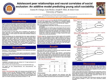 Adolescent peer relationships and neural correlates of social exclusion: An additive model predicting young adult sociability Introduction Joanna M. Chango,