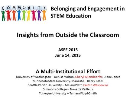 Insights from Outside the Classroom ASEE 2015 June 14, 2015 A Multi-Institutional Effort University of Washington – Denise Wilson, Cheryl Allendoerfer,