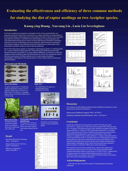 Evaluating the effectiveness and efficiency of three common methods for studying the diet of raptor nestlings on two Accipiter species. Kuang-ying Huang,