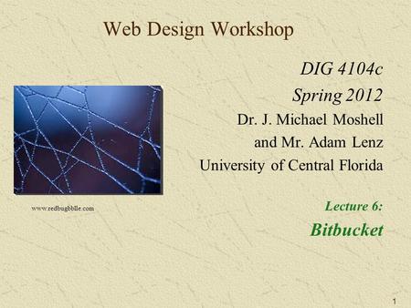 1 Web Design Workshop DIG 4104c Spring 2012 Dr. J. Michael Moshell and Mr. Adam Lenz University of Central Florida Lecture 6: Bitbucket www.redbugbblle.com.