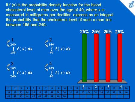 If f (x) is the probability density function for the blood cholesterol level of men over the age of 40, where x is measured in milligrams per deciliter,