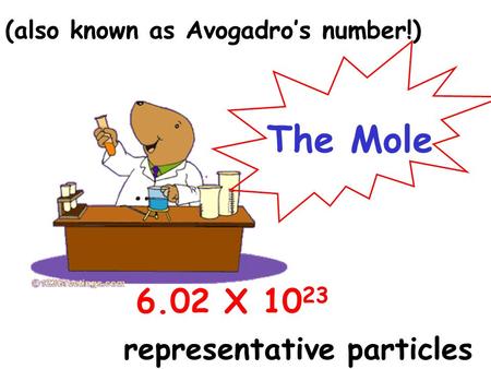 6.02 X 10 23 representative particles The Mole (also known as Avogadro’s number!)