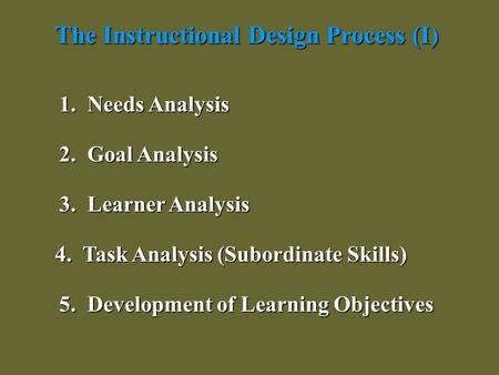 The Instructional Design Process (I) 1. Needs Analysis 3. Learner Analysis 4. Task Analysis (Subordinate Skills) 2. Goal Analysis 5. Development of Learning.