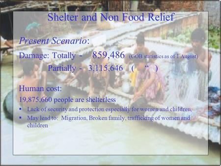 Shelter and Non Food Relief Present Scenario: Damage: Totally - 859,486 (GOB statistics as of 1 August) Partially - 3,115,646 ( “ ) Human cost: 19,875,660.