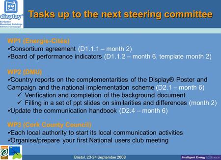 Bristol, 23-24 September 2008 Tasks up to the next steering committee WP1 (Energie-Cités) Consortium agreement (D1.1.1 – month 2) Board of performance.