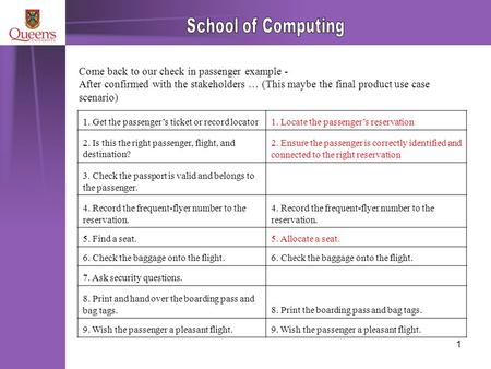 1 Come back to our check in passenger example - After confirmed with the stakeholders … (This maybe the final product use case scenario) 1. Get the passenger’s.