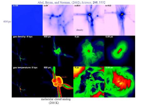 Abel, Bryan, and Norman, (2002), Science, 295, 5552 density molecular cloud analog (200 K) shock 600 pc.