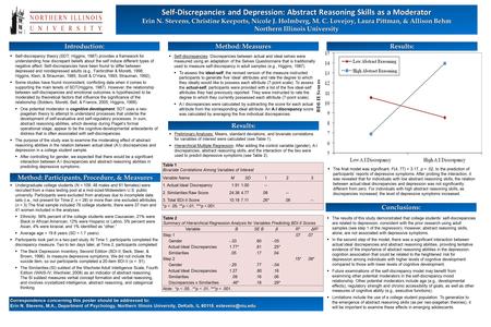 Self-Discrepancies and Depression: Abstract Reasoning Skills as a Moderator Erin N. Stevens, Christine Keeports, Nicole J. Holmberg, M. C. Lovejoy, Laura.