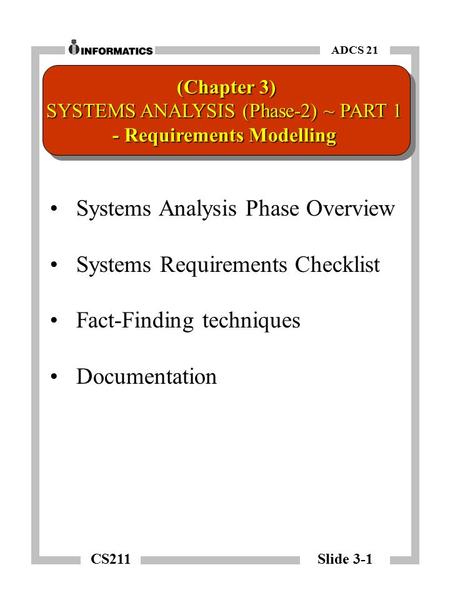 CS211 Slide 3-1 ADCS 21 Systems Analysis Phase Overview Systems Requirements Checklist Fact-Finding techniques Documentation (Chapter 3) SYSTEMS ANALYSIS.