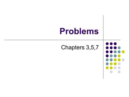 Problems Chapters 3,5,7. List of Suggested Problems Chapter 3 Numerical Problems: 3a,b 4a Analytical Problems: 2 Chapter 4 Numerical Problems: 2a,b Analytical.