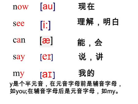 Now see can say my 现在 理解，明白 能，会 说，讲 我的 [au] [i:] [eI][eI] [aI][aI] y 是个半元音，在元音字母前是辅音字母， 如 you; 在辅音字母后是元音字母，如 my 。