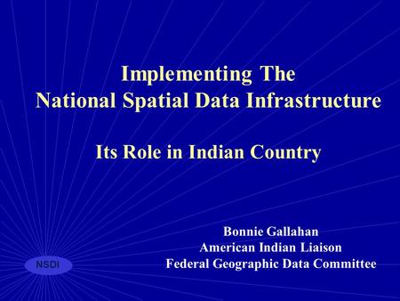 NSDI Implementing The National Spatial Data Infrastructure Its Role in Indian Country Bonnie Gallahan American Indian Liaison Federal Geographic Data Committee.