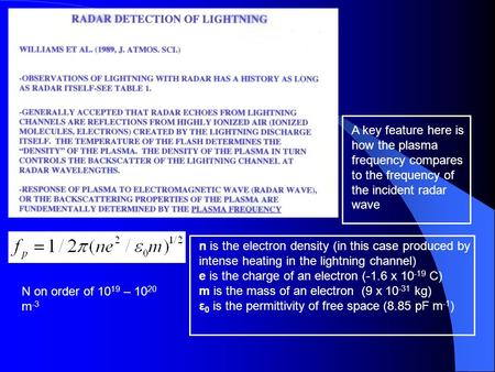 N is the electron density (in this case produced by intense heating in the lightning channel) e is the charge of an electron (-1.6 x 10 -19 C) m is the.