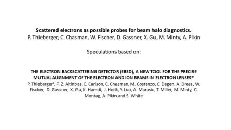 Scattered electrons as possible probes for beam halo diagnostics. P. Thieberger, C. Chasman, W. Fischer, D. Gassner, X. Gu, M. Minty, A. Pikin Speculations.