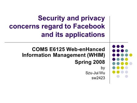 Security and privacy concerns regard to Facebook and its applications COMS E6125 Web-enHanced Information Management (WHIM) Spring 2008 by Szu-Jui Wu sw2423.