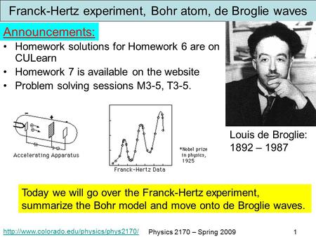 Physics 2170 – Spring 20091 Franck-Hertz experiment, Bohr atom, de Broglie waves Homework solutions for Homework.