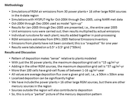 Simulations of RGM air emissions from 30 power plants + 16 other large RGM sources in the 4-state region Simulations with HYSPLIT-Hg for Oct-2004 through.