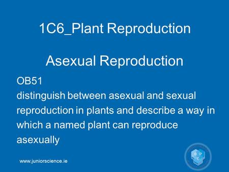 Www.juniorscience.ie 1C6_Plant Reproduction Asexual Reproduction OB51 distinguish between asexual and sexual reproduction in plants and describe a way.