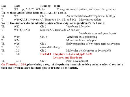 Day DateReadingTopic T 9/3 pp.216-231 (Ch. 6) C. elegans, model systems, and molecular genetics Watch three Audio/Video handouts: 1A), 1B), and 1C Th9/5Ch.