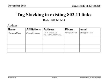 Submission doc.: IEEE 11-13/1453r0 November 2014 Norman Finn, Cisco SystemsSlide 1 Tag Stacking in existing 802.11 links Date: 2013-11-14 Authors: