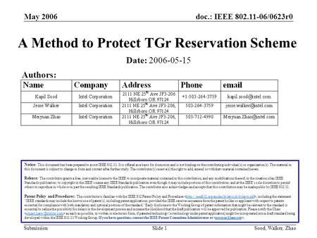 Doc.: IEEE 802.11-06/0623r0 Submission May 2006 Sood, Walker, ZhaoSlide 1 A Method to Protect TGr Reservation Scheme Notice: This document has been prepared.