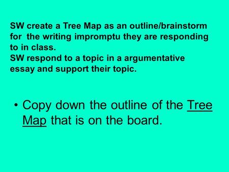 SW create a Tree Map as an outline/brainstorm for the writing impromptu they are responding to in class. SW respond to a topic in a argumentative essay.