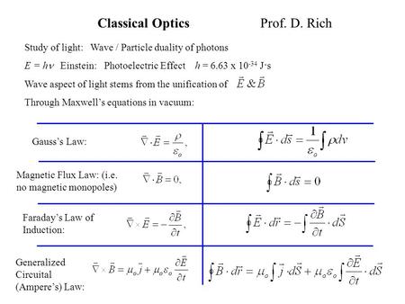 Classical Optics Prof. D. Rich