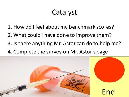 Catalyst 1. How do I feel about my benchmark scores? 2. What could I have done to improve them? 3. Is there anything Mr. Astor can do to help me? 4. Complete.