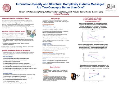 This study is a mixed 3 (Information Density) X 2 (Structural Complexity) x 4 (Message) x 4 (Order) design. Except for Order, all are within subject factors.