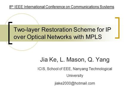 Two-layer Restoration Scheme for IP over Optical Networks with MPLS Jia Ke, L. Mason, Q. Yang ICIS, School of EEE, Nanyang Technological University