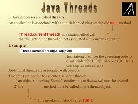 In Java processes are called threads. Additional threads are associated with objects. An application is associated with an initial thread via a static.