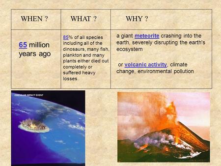 WHEN ?WHAT ?WHY ? 65 million years ago 85% of all species including all of the dinosaurs, many fish, plankton and many plants either died out completely.