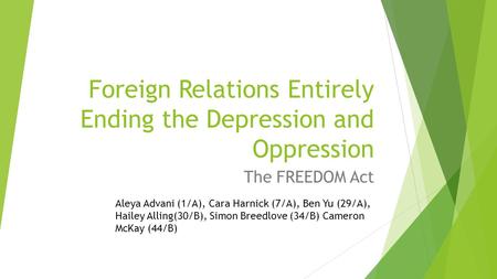 Foreign Relations Entirely Ending the Depression and Oppression The FREEDOM Act Aleya Advani (1/A), Cara Harnick (7/A), Ben Yu (29/A), Hailey Alling(30/B),